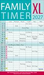 Text im oberen Bereich: "FAMILY TIMER XL 2027". Darunter ein Kalenderlayout mit Namen und Aktivitäten.
