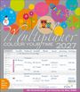 "Multiplaner, Colour Your Time 2027." Bunte Kreise, Eulenillustration oben, Kalenderblatt unten, Werbetext und To-Dos.