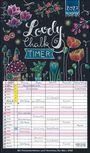 Text: "Lovely Chalk Timer 2027". Kalender mit Blumen- und Pflanzenillustrationen in leuchtenden Farben. Enthält Wochenplanung.