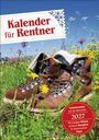 "Kalender für Rentner", "Ferientermine auf der Rückseite", "2027". Alte Wanderschuhe auf Wiese, blühende Blumen.