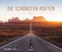"Die schönsten Routen 2027; Highway 163, 104 km. Gerade Straße durch Wüste, Berge im Hintergrund bei Sonnenuntergang."