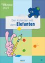 Text: "Die Sendung mit dem Elefanten 2027. Der Kalender mit dem Elefanten." Illustration: Blauer Elefant, rosa Hase mit Pinsel.
