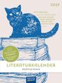 2027, Gute Freunde, gute Bücher und ein schläfriges Gewissen; Literaturkalender, Wörter & Werke. Blaue Katze auf Büchern.