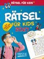 RÄTSEL FÜR KIDS 2027. Kind mit Brille. Illustration mit Rakete und Labyrinth. Sprechblase: "Wo bitte geht's zur Rakete?"