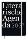 Text: "Literarische Agenda 2027". Ein elegantes Notizbuch mit dunklem Cover und heller Aufschrift sowie einem Verschlussband.