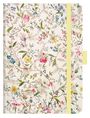 Notizbuch mit floralem Muster: Bunte Blumen und Blätter auf hellem Hintergrund, gelbes elastisches Band an der Seite.