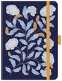 Florales Notebook-Cover mit blauen Blumen und Blättern auf dunkelblauem Hintergrund, Akzente in Gold.