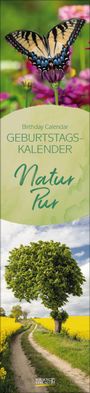 "Birthday Calendar. Geburtstagskalender. Natur Pur." Ein Schmetterling auf Blumen, darunter ein Feldweg mit einem Baum.