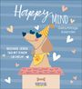 "Happy Mind Geburtstagskalender. Beginne jeden Tag mit einem Lächeln!" Illustration eines feiernden Hundes.