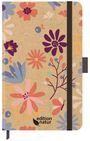 Text: "edition natur". 
Buntes Blumenmuster und Schmetterlinge auf braunem Hintergrund, elastisches Band an der Seite.