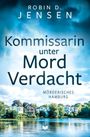 „Kommissarin unter Mordverdacht“ vor blauem Himmel. Unten Gebäude am Wasser. Logo: Buch mit geöffneten Seiten.