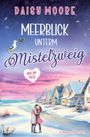 „Meerblick unterm Mistelzweig. Nur am Meer. Ostsee-Roman." Ein Paar umarmt sich im Schnee vor skandinavischen Häusern.