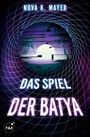 "Das Spiel der Batya" von Nova K. Mayer; stilisierte, verzerrte Palmen und Sonne vor einem digitalen Raster.