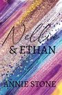 "Nellie & Ethan, Annie Stone." Farbenfrohe Pinselstriche und Punkte in Lila, Blau und Gold.