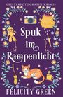 „Geisterfotografin-Krimis: Spuk im Rampenlicht“ von Felicity Green. Illustration mit Kamera, Voodoo-Puppe und Katze.