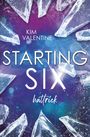 Text: "Kim Valentine Starting Six hattrick". Eiskristalle auf blau-violettem Hintergrund.