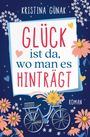 "GLÜCK ist da, wo man es HINTRÄGT" in kräftigen Farben. Blumen und Fahrrad als Dekoration. Florale, fröhliche Gestaltung.
