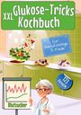 Text “XXL Glukose-Tricks Kochbuch”, “für Berufstätige & Faule”, “123 Rezepte”, “Blutzucker”. Illustration mit Arzt und Essen.