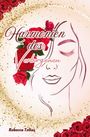 „Harmonien des Verborgenen“ in eleganter Schrift. Ein Gesicht aus Linien mit geschlossenen Augen, umgeben von roten Rosen.