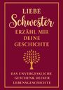 „LIEBE Schwester, ERZÄHL MIR DEINE GESCHICHTE“ steht darüber. Unten ein stilisierter Baum. Farben: Gold auf Rot.