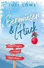 „Bergwiesen & Glück“ mit winterlichem Hintergrund, roten Wegweisern und einer Weihnachtskugel.