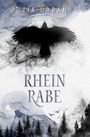RHEIN RABE, TIA URBAN. Illustration: Ein schwarzer Rabe fliegt vor blau-grauem Himmel über einen Wald und ein Schloss.
