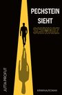 „PECHSTEIN SIEHT SCHWARZ“ in großen Buchstaben. Silhouette einer Figur im gelben Licht, übergroßer Schatten.