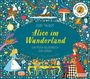 "Alice im Wunderland", ein Musik-Bilderbuch. Farbenfrohe Illustration mit Alice, dem weißen Kaninchen und anderen Charakteren.