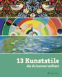 „13 Kunststile die du kennen solltest“. Drei Kunstwerke: Vogel mit Blumen, abstrakte Kreise, impressionistische Wasserlilien.