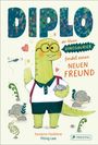 "Diplo der kleine Dinosaurier findet einen neuen Freund." Ein illustrativer Dino mit Brille hält ein kleines Tier.