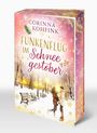"Corinna Kohfink: Funkenflug im Schneegestöber." Ein Paar im verschneiten Park, umgeben von Bänken und Bäumen.
