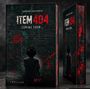 "ITEM 404 Coming Soon", "Not Found", "00:57", "Thriller". Dunkle Wand, Person sitzt, rot-schwarze Farbkleckse.