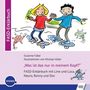 „FASD-Erklärbuch“, „Was ist das nur in meinem Kopf?“ Zwei Kinder auf Rollbrettern, bunte Cartoon-Figuren um sie herum.