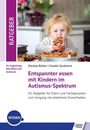 „Entspannter essen mit Kindern im Autismus-Spektrum“. Ein Kleinkind isst fröhlich Kuchen an einem Tisch mit weiteren Speisen.