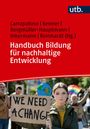 "Handbuch Bildung für nachhaltige Entwicklung" oben. Unten Hand hält Glühbirne mit Bäumen und Windrad darin.