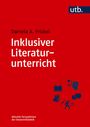 "Inklusiver Literaturunterricht", Daniela A. Frickel. Roter Hintergrund, blaue Icons: Buch, Kopf, Hand, Noten, Sprechblase.