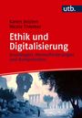 Roter Hintergrund, weiße Schrift: "Ethik und Digitalisierung". Unten Illustration: digitale Kopfform, antike Säulen.