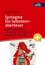 „Syntagma Ein Selbstlernabenteuer“. Drache mit Buchstapel, Brille und schwebenden Büchern, rotes und weißes Design.
