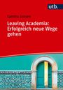 „Sandra Jansen: Leaving Academia: Erfolgreich neue Wege gehen“. UTB-Logo. Illustration einer offenen Tür in buntem Mosaik.