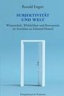 Text: "Ronald Engert. Subjektivität und Welt. Wissenschaft, Wirklichkeit und Bewusstsein im Anschluss an Edmund Husserl."  
Darstellung: Eine offene Tür auf blauem Hintergrund.