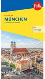 "Cityplan München 1:22 500 > Zielgenau", "City + Umgebung + extra ÖPNV", "Nie mehr planlos." Oben ein rotes Falk-Logo. Darunter eine Stadtansicht von München mit der Frauenkirche.