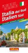 "Italia del Sud, Italien Süd, 1:650 000. Straßenkarte. Gebäude mit Kegeldächern und Blumen, italienische Flagge."