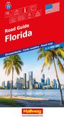 "Road Guide Florida" in weißem Text auf rotem Hintergrund, darunter Palmen, Wasser und die Skyline einer Stadt.