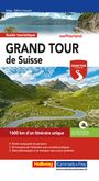 Titel: "GRAND TOUR de Suisse". Es zeigt eine malerische Straße in den Bergen, mit dem Logo der "Grand Tour of Switzerland".