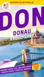 "Donau Kreuzfahrt" in großen Buchstaben, darunter eine Illustration eines Flusses und einer Stadt mit Brücke.