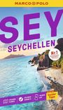 "SEY Seychellen", "Nr. 1", "Insider Tipps". Tropische Küste mit türkisfarbenem Wasser, dramatische Felsen und blauer Himmel.