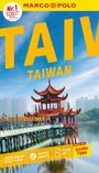 "TAIWAN" in gelber Schrift, darunter ein traditioneller Pagodentempel auf einem See. Im Hintergrund moderne Gebäude.