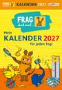 "FRAG doch mal... Kalender 2027, Mein Kalender 2027 für jeden Tag!" Illustration mit Maus, Ente und Elefant in Aktion.