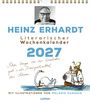 "Heinz Erhardt Literarischer Wochenkalender 2027. Schon lange vor der Eisenbahn gab's als Transportmittel den Schwan." Illustration: Ein Mann in Boot von Schwan gezogen.