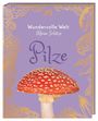 "Wundervolle Welt Kleine Schätze Pilze" in lila Schrift, goldene Pilzillustrationen, roter Fliegenpilz im Vordergrund.